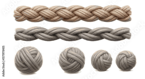 Illustration of two braided ropes and four oval shaped yarn balls in varying sizes and gray tones