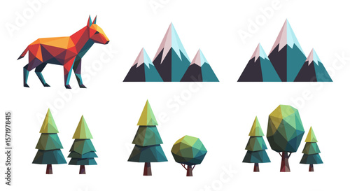 Low poly chamois standing next to mountains and trees in a geometric and colorful illustration style