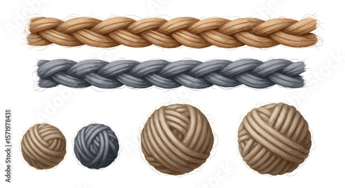 Illustration of two braids and several balls of yarn in varying colors and sizes on white background