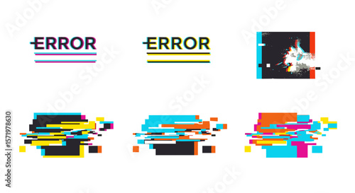 Collection of error glitch art with colorful distortions and pixelated effects on a white background