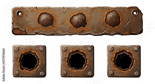Illustration of rusted metal plate with holes and three smaller rusted metal plates with dark holes