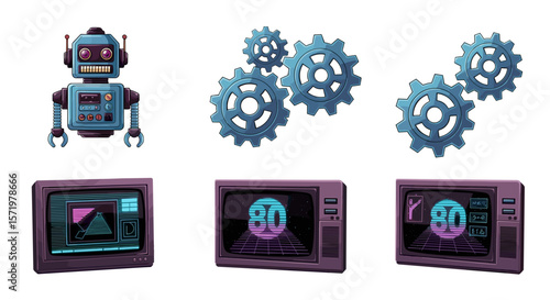 Retro robot with gears and vintage televisions displaying eighties graphics on a white background