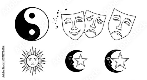 Illustrative depiction of yin yang symbol, sun face, moon with star, and drama masks in black and white style