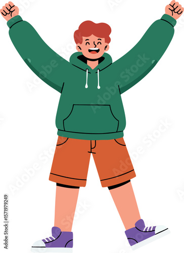 Happy red haired boy wearing green hoodie and orange shorts jumping with joy vector illustration