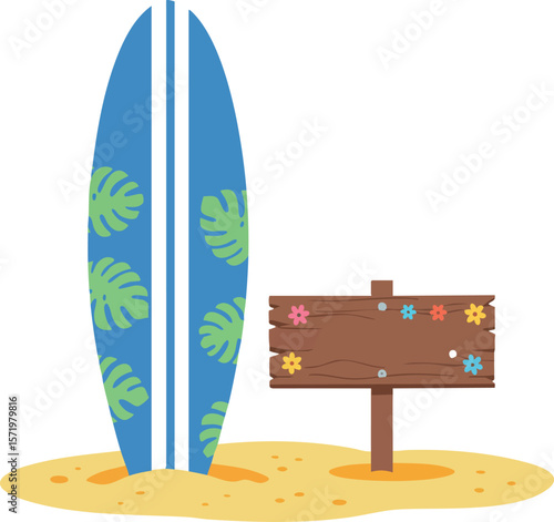 Surfboard with tropical leaves and wooden sign on sandy beach vector illustration