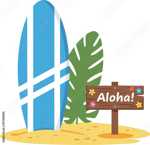 Surfboards with tropical leaf and aloha wooden sign on sandy beach vector illustration