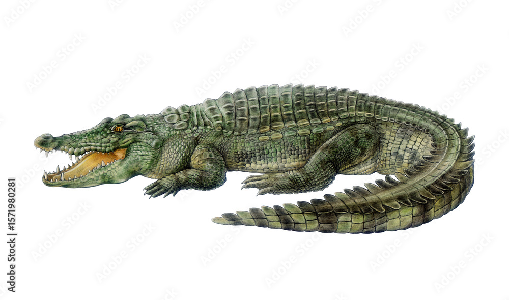 Naklejka premium Saltwater crocodile on white background hand drawn watercolor illustration. Crocodylus porosus Australia native reptile. Big alligator with opened jaws. Australian wildlife predator animal
