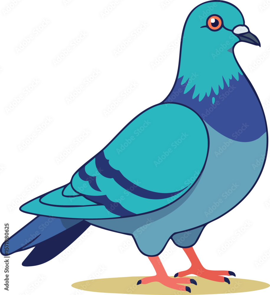 Fototapeta premium Blue pigeon bird standing on ground vector illustration with detailed feathers and bright eyes