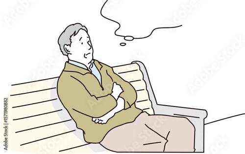ベンチで考え事をするシニア男性のイラスト素材