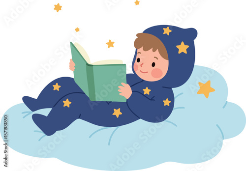 Baby wearing star pajamas reading book lying on cloud vector illustration cute peaceful