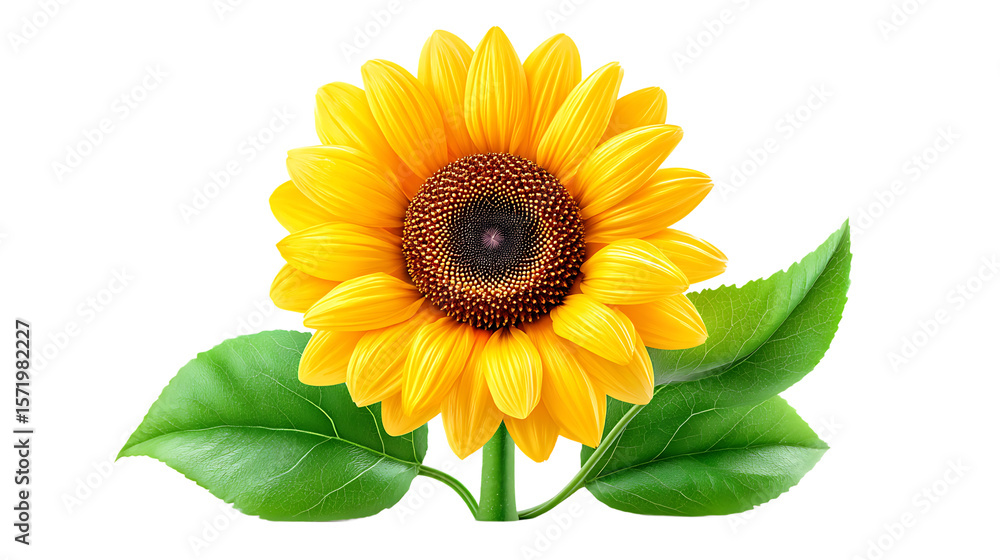 Obraz premium Bright Yellow Sunflower with Green Leaves on Transparent Background