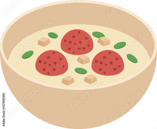 Meatball soup with herbs and croutons in beige bowl vector illustration