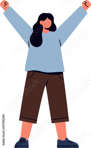 Woman celebrating success with raised hands wearing casual clothes vector illustration