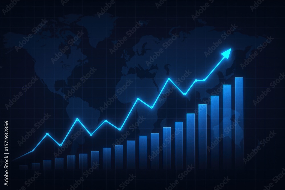 Blue financial growth chart with upward arrow on world map background finance graph Blue financial growth chart with upward arrow on world map background finance graph