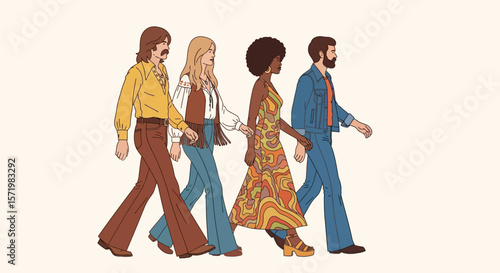 Retro Group Walking with Vintage Fashion.