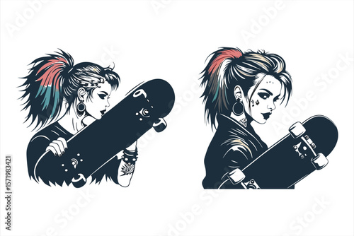 Stylish punk girl illustration with a skateboard captures the essence of urban culture and edgy fashion, showcasing a cool and confident attitude with retro vibes and intricate tattoo details