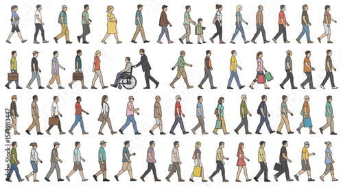 People walking Line drawing Isolated on white.