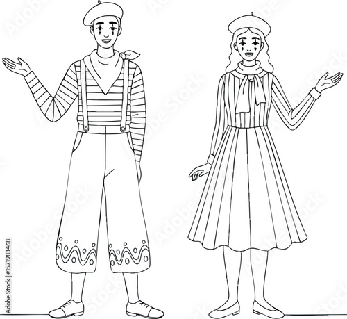 Male and female mime artists in traditional costumes performing gestures vector illustration