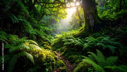 Walking Path Through Lush Green Forest with Sunlight Streaming Through