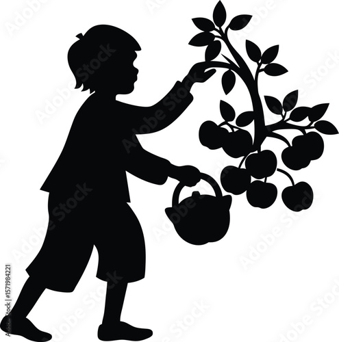 Boy picking apples vector silhouette