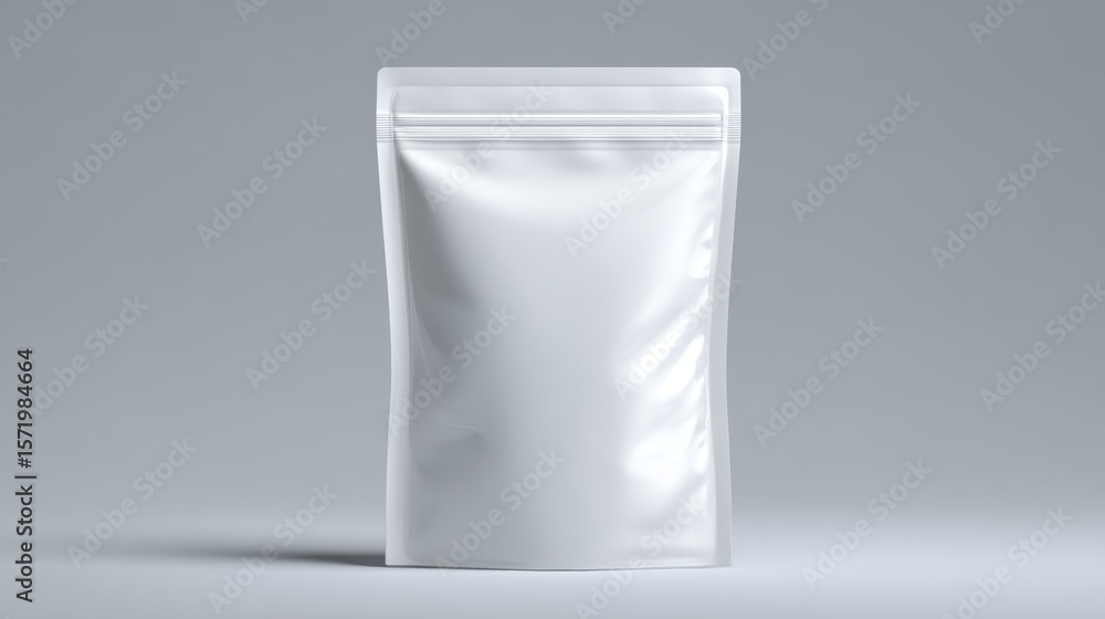 Plain white packaging bag on a gray background showcasing a versatile storage solution for various products Plain white packaging bag on a gray background showcasing a versatile storage solution for various products
