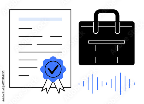 Certified document with a blue badge, a briefcase, and a soundwave representing credibility, professionalism, innovation, and communication. Ideal for certification, business, success trust