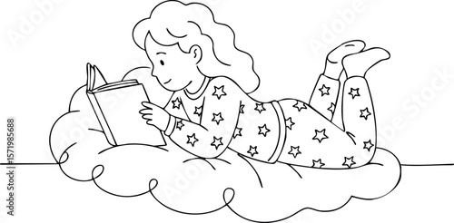 Girl Reading Book Lying on Cloud Relaxing Imaginative Childhood Scene Vector Illustration