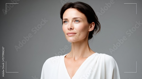 Supply chain and import tariff, A confident woman with short dark hair and blue eyes looks slightly upward, wearing a white blouse against a plain gray background.