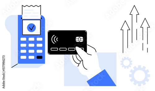 Credit card tapped on a payment terminal issuing receipt, accompanied by arrows and gears symbolizing success, innovation, and progress. Ideal for technology, business, finance, e-commerce, banking