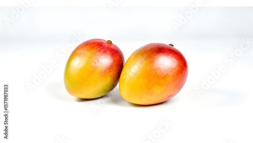 Two Ripe Mangos on White Background Fresh Tropical Fruit