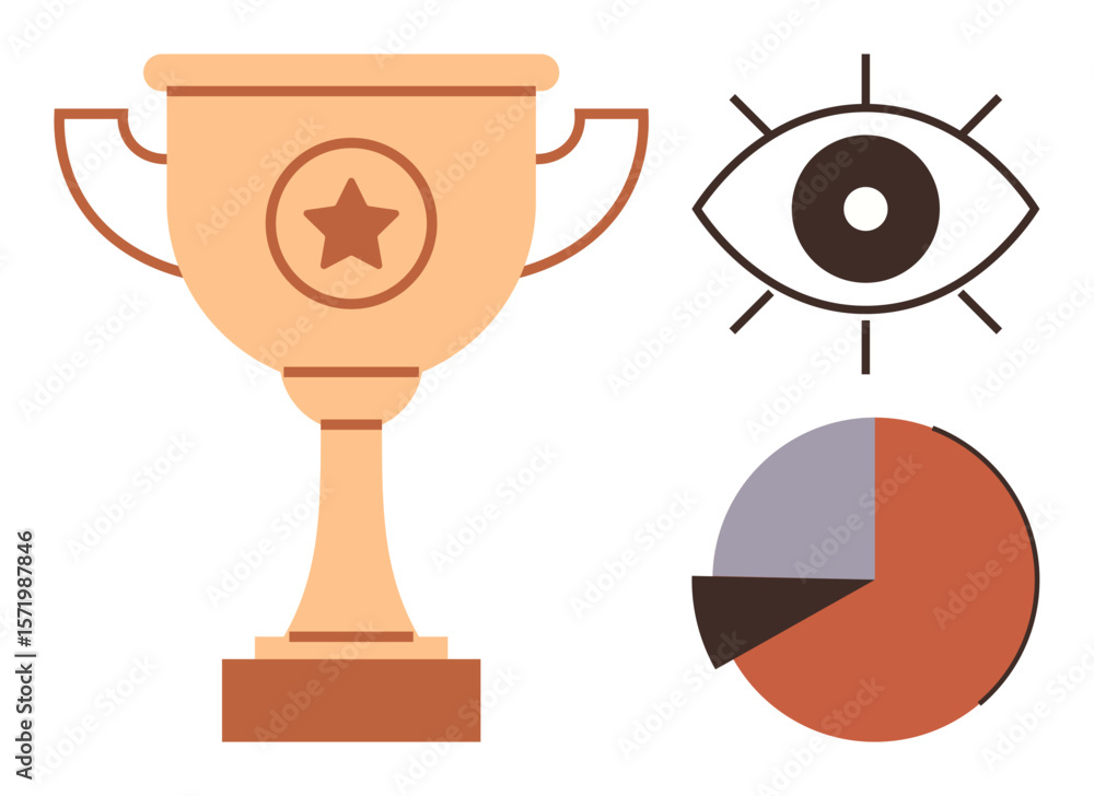 Trophy with star symbolizing achievement, eye denoting vision, pie chart indicating analysis. Ideal for success, leadership, strategy, motivation, teamwork performance growth. Simple flat metaphor Trophy with star symbolizing achievement, eye denoting vision, pie chart indicating analysis. Ideal for success, leadership, strategy, motivation, teamwork performance growth. Simple flat metaphor