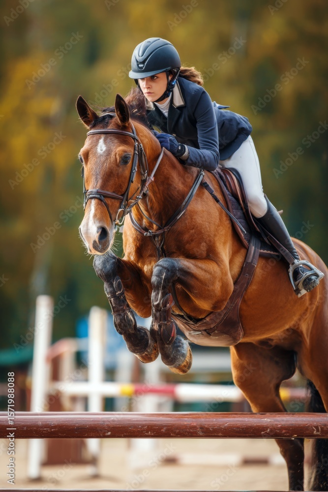 Obraz premium Rider jumps over obstacles during equestrian competition in a lush outdoor arena near golden autumn trees