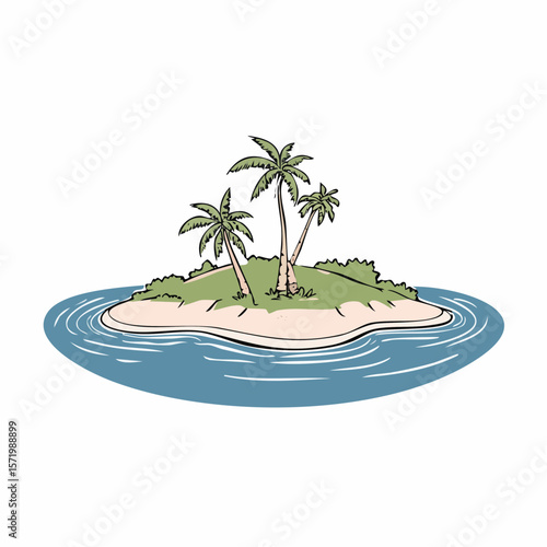 Small tropical island with palm trees and sandy beach surrounded by blue ocean water.
