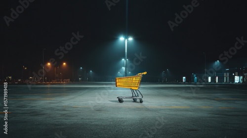 Abandoned yellow shopping cart sits alone in a vast, dimly-lit parking lot at night