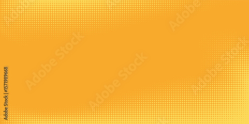 Yellow orange halftone pattern. Retro comic gradient background. Square pixilated dot cartoon texture.