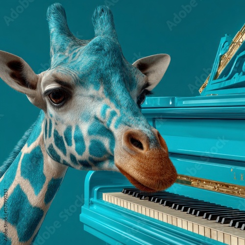 Close up of a blue giraffe playing a light blue grand piano with gold accents