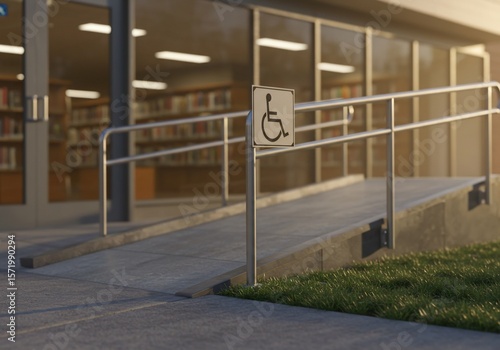 A modern building featuring an access ramp and handicap accessibility for library users.