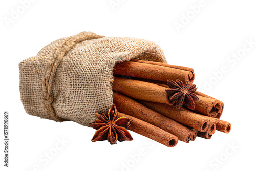 3D Render a bag of cinnamon sticks with anise stars