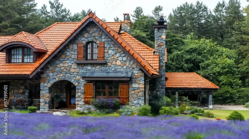 Wallpaper Mural Stone house with orange roof amid vibrant purple flowers Torontodigital.ca