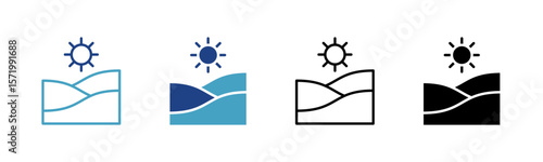A sunrise or sunset view icon over a hill or horizon indicates good weather conditions used in travel or tourism applications.