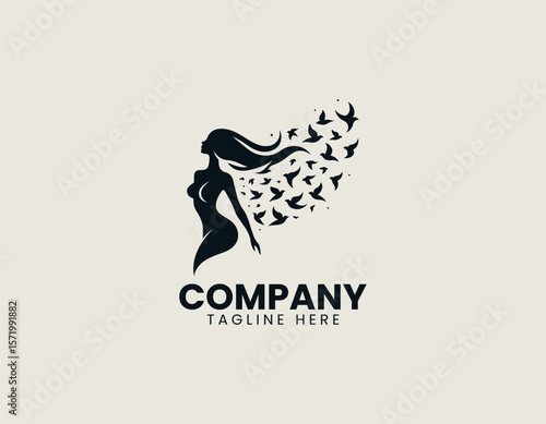 Elegant Woman Metamorphosing into Birds Freedom Transformation Vector Logo Design