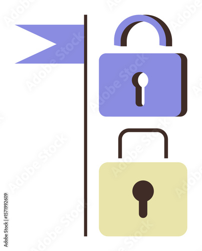 Padlocks in blue and yellow, showing locked and unlocked states alongside a vertical line with a flag. Ideal for security, privacy, access, protection, control, online safety, simple flat metaphor