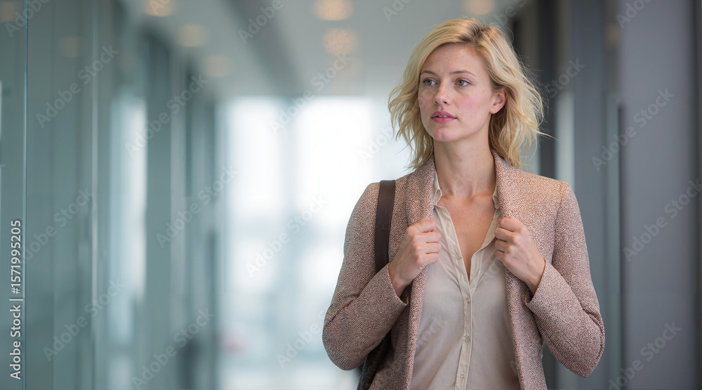Fototapeta premium Professional woman walking in a modern office hallway, wearing a neutral-toned jacket and carrying a shoulder bag, exudes confidence and style.