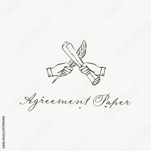 Two cross hand holding object, one holding scroll paper script papyrus page and one holding classic vintage feather quill ink pen logo icon illustration element