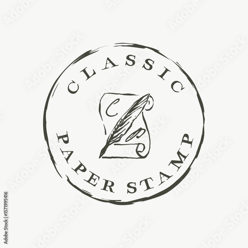 Scroll paper and a quill ink pen vector hand drawn illustration stamp circle logo and icon design