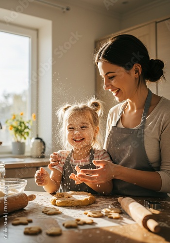 Happy family baking together with mother and daughter making cookies with flour