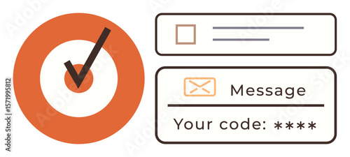 Checkmark within orange circle, input field, message icon, and code entry box. Ideal for security, authentication, login processes, form validation, verification access control and passwords in