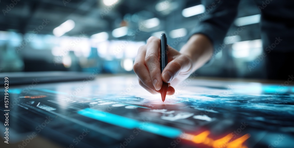 Person Creating Digital Artwork with Stylus on Interactive Screen in Modern Office Environment Person Creating Digital Artwork with Stylus on Interactive Screen in Modern Office Environment