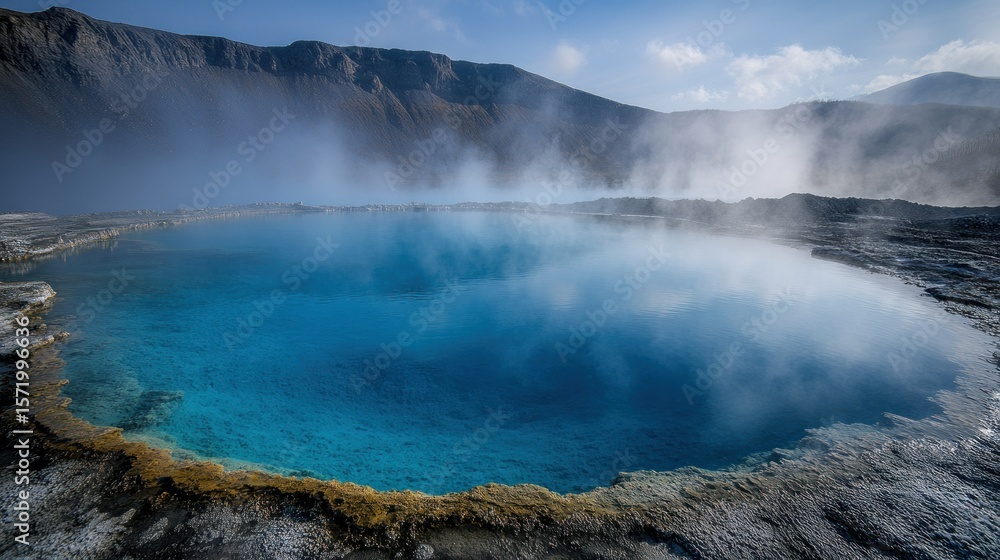 Obraz premium Vibrant blue hot spring, steam rising