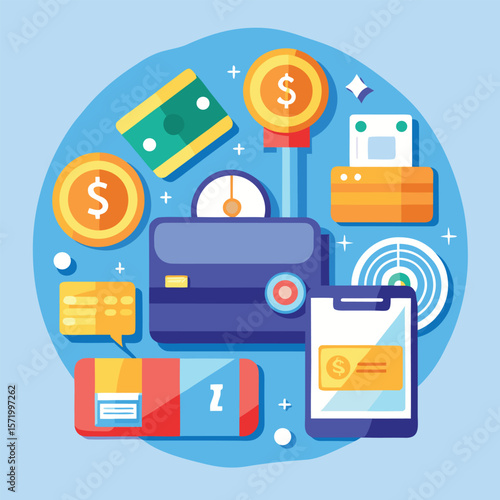 Financial concepts illustration featuring mobile payments digital wallets dollar currency and modern money solutions